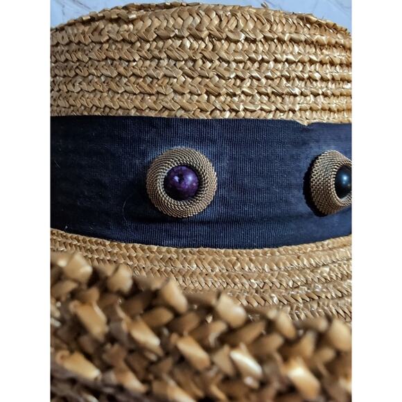 VTG Eric Javits Golden Straw Hat Sun Wide Brim Wide Band Brass And Stone Details - Picture 4 of 16